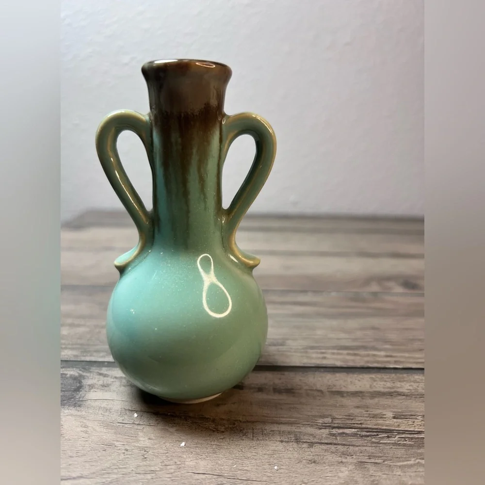 Title: Vintage Green & Brown Drip Glaze Ceramic Vase Double Handle 4.5